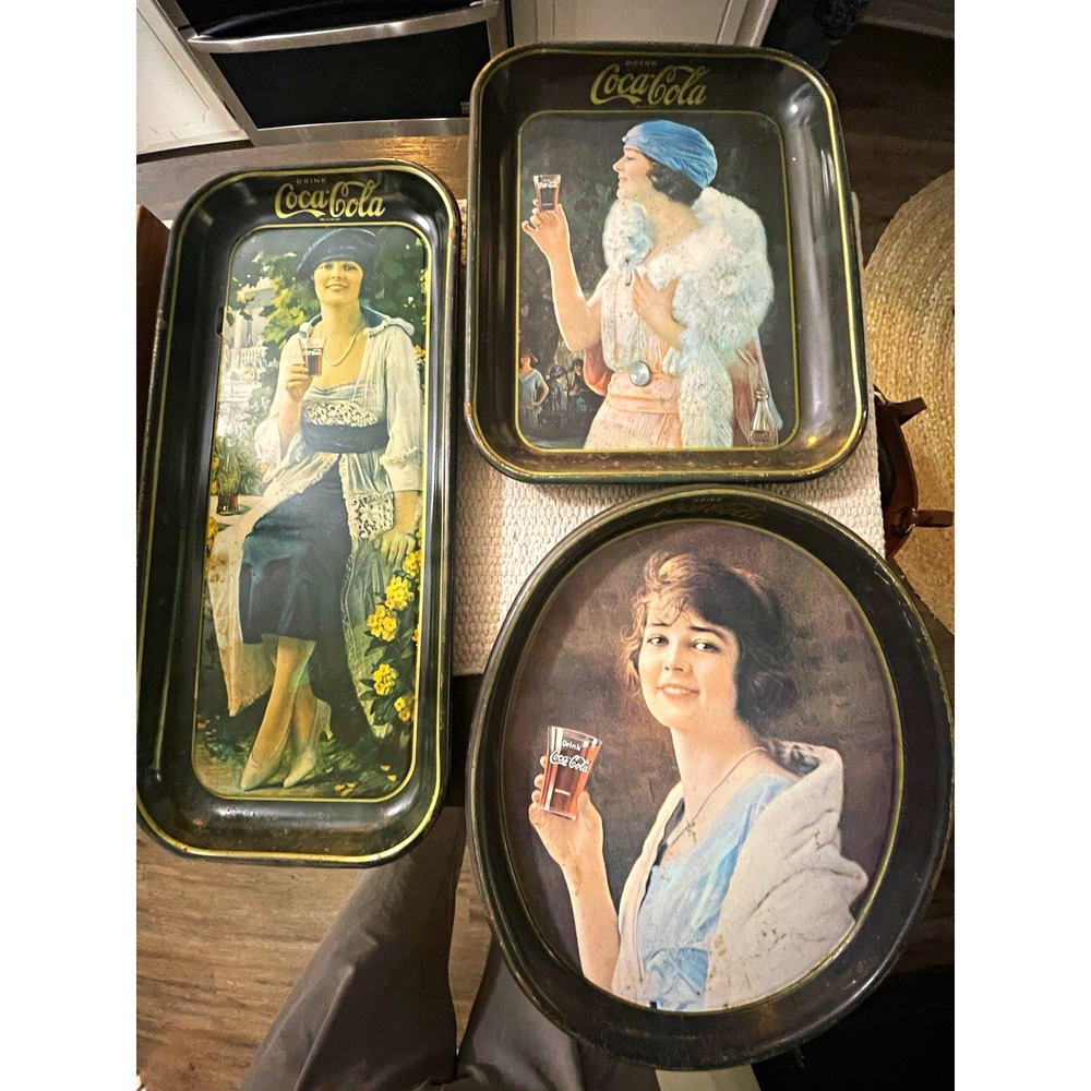 Coca-Cola Vintage Lot of 3 Metal Serving Trays Black Flapper Girl Graphics